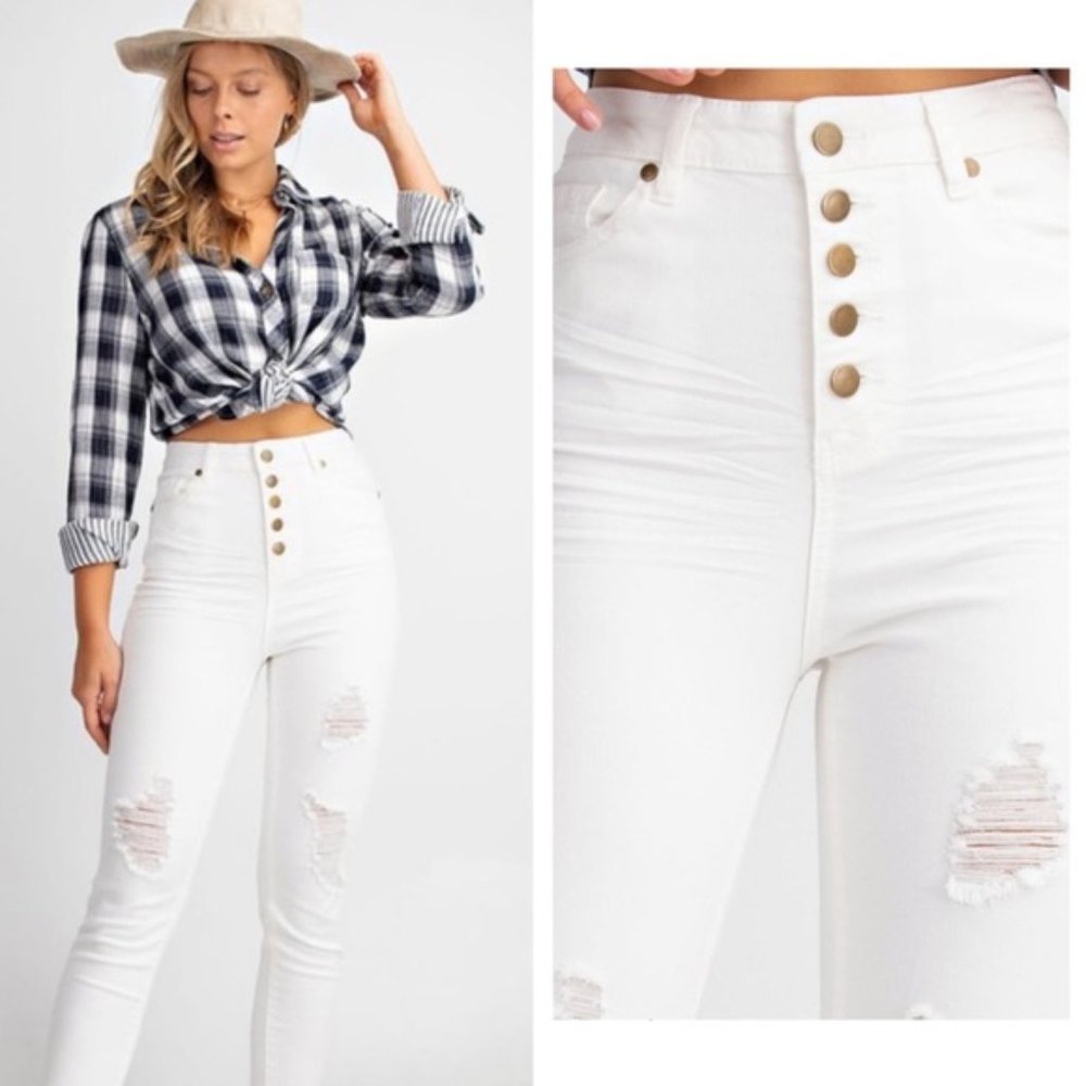 Easel WHITE JEANS HI-WAIST BUTTON FRONT brand boutique - Picture 1 of 12